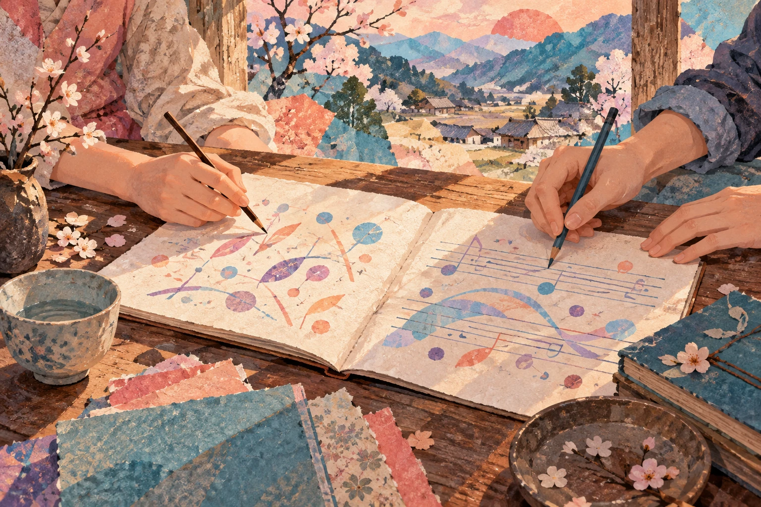 Concept art of two people’s hands drawing colorful abstract shapes and musical notation in an open notebook, evoking shared study and friendship.