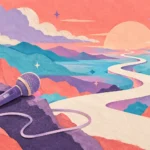 Concept art of a winding paper road leading toward an abstract horizon beside a microphone, symbolizing a fresh solo music journey.