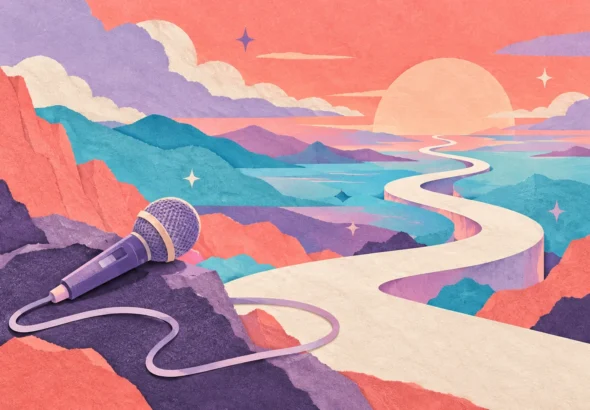 Concept art of a winding paper road leading toward an abstract horizon beside a microphone, symbolizing a fresh solo music journey.