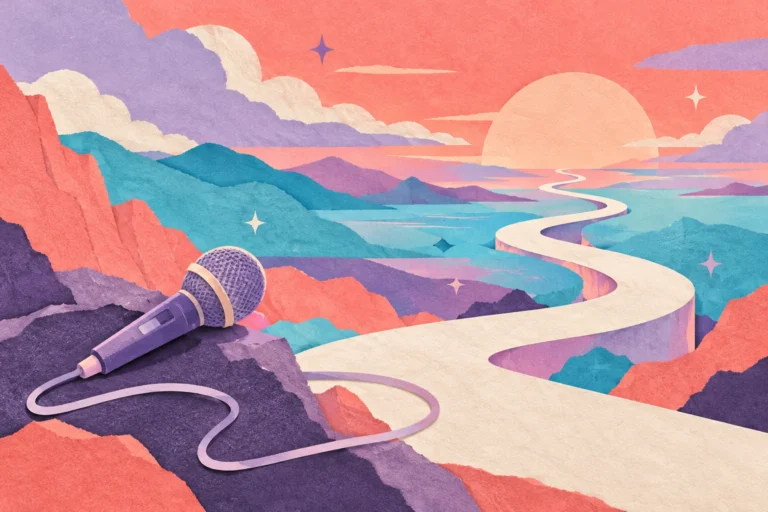 Concept art of a winding paper road leading toward an abstract horizon beside a microphone, symbolizing a fresh solo music journey.