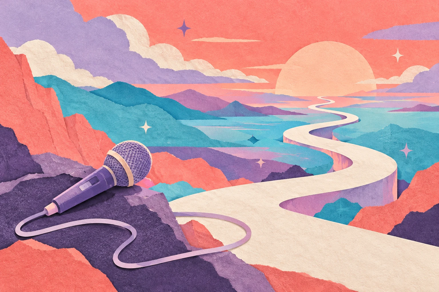 Concept art of a winding paper road leading toward an abstract horizon beside a microphone, symbolizing a fresh solo music journey.