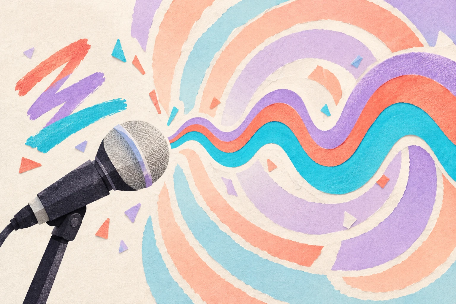 Concept art of a microphone beside colorful, imperfect sound waves, symbolizing the discovery of a distinct vocal tone.