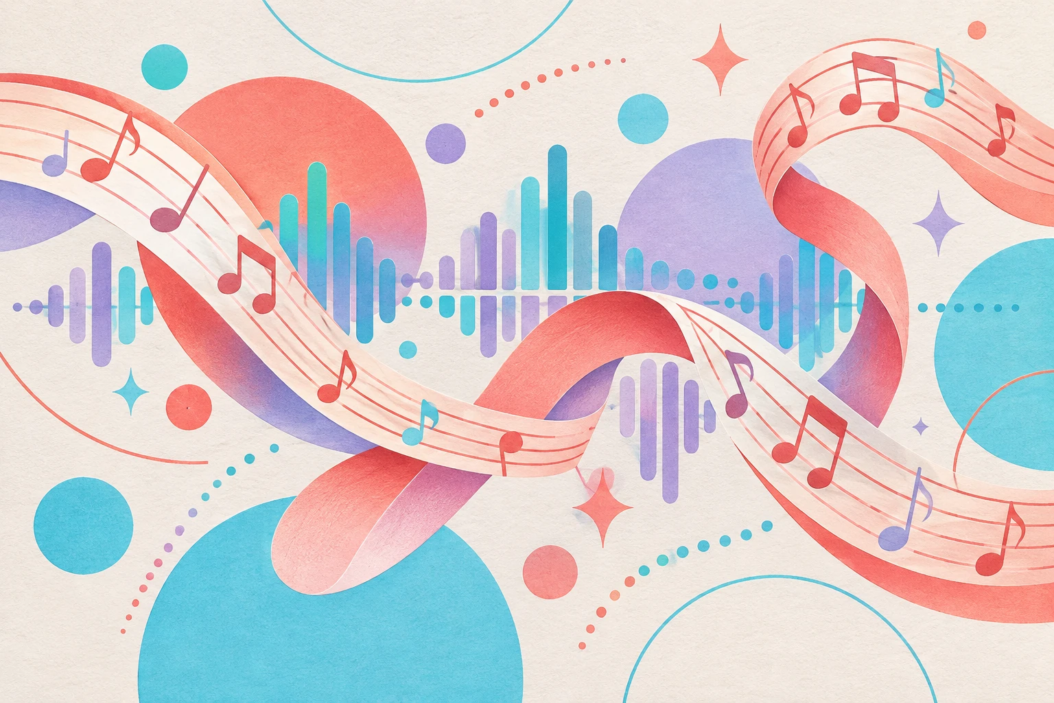 Conceptual illustration of a playful, bending music ribbon and electronic sound waves inspired by Youngtak’s “Kkeokkeo.”