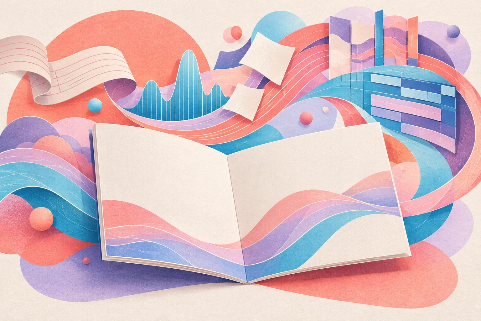 Conceptual illustration of a blank open album booklet with layered sound waves suggesting lyrics, composition, and arrangement.