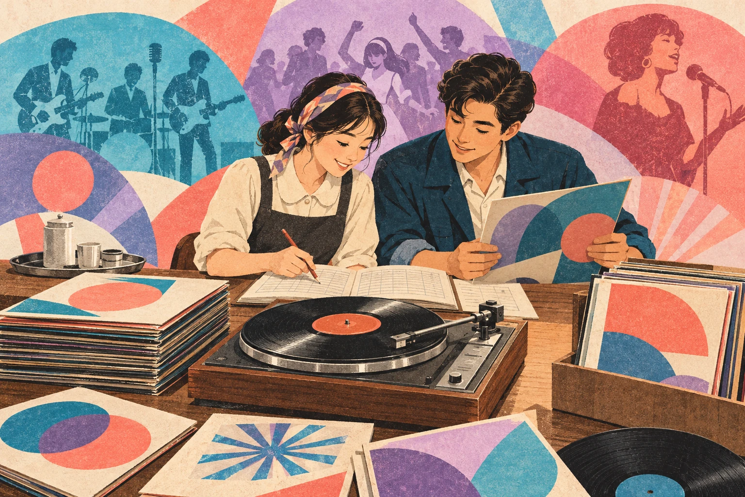 Editorial concept art of childhood friends entering the record business, with a turntable, vinyl records, and a paper ledger.