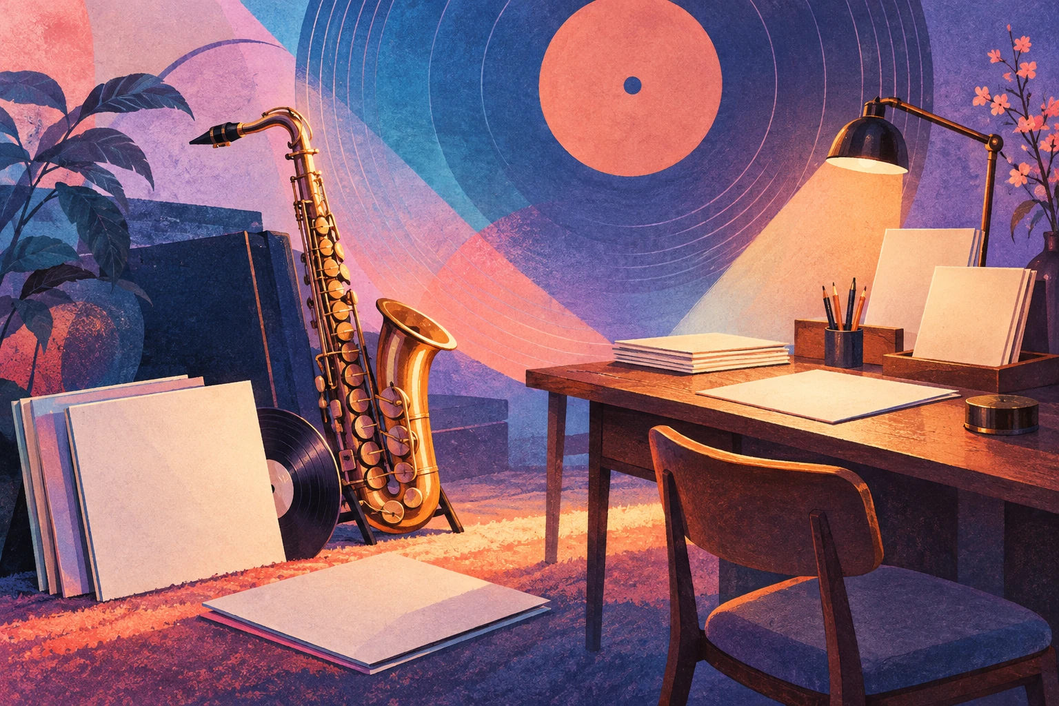 Editorial concept art of a saxophone and blank record sleeves beside a composer’s desk.