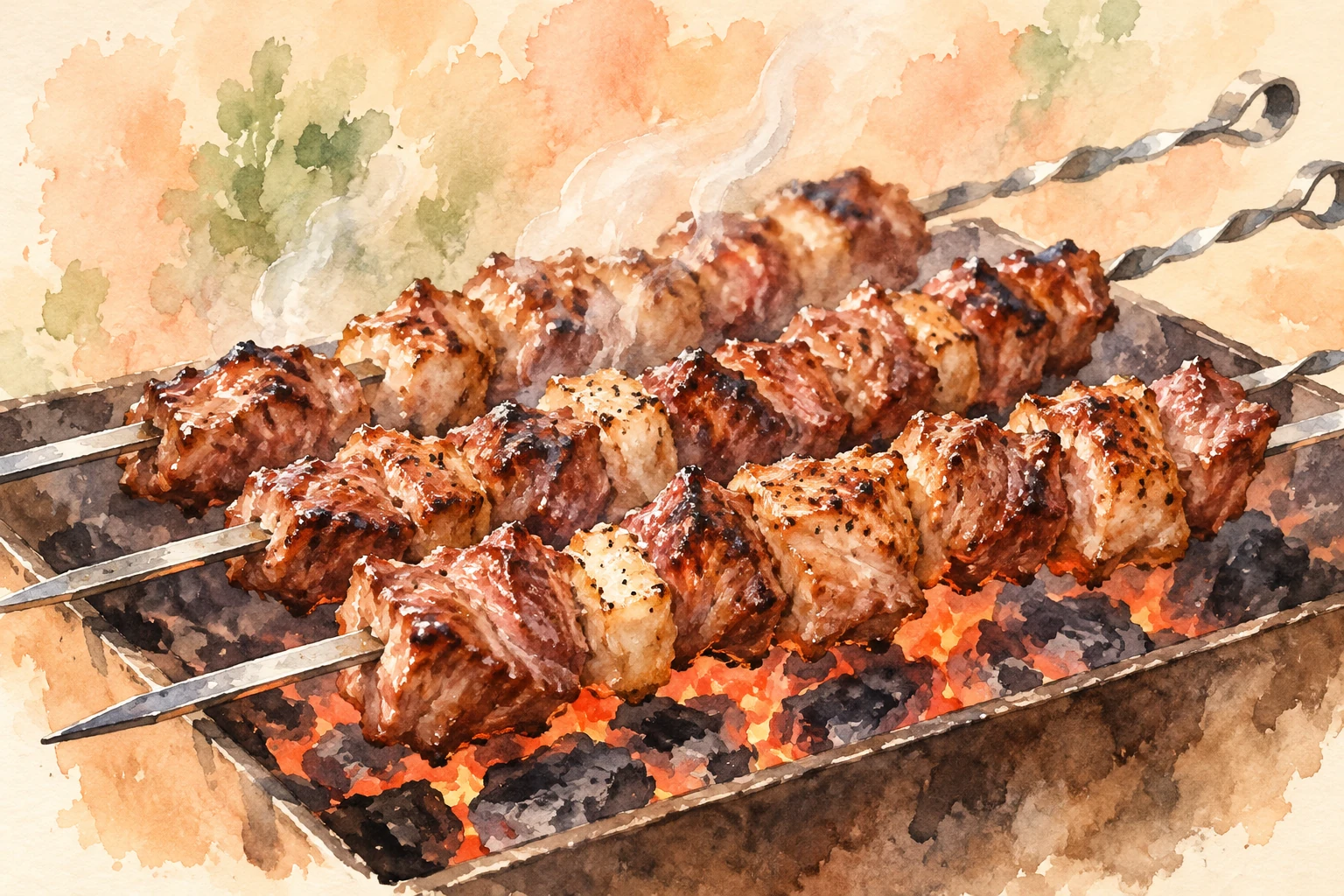 Watercolor concept art of Uzbek-style grilled meat skewers over charcoal against a simple warm background.