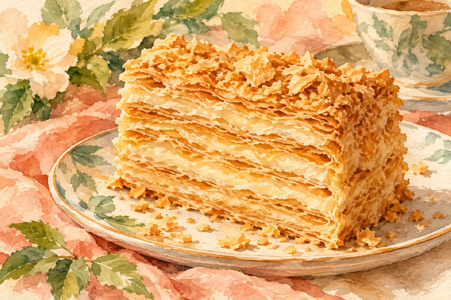 Watercolor concept art showing the thin pastry layers and cream filling of Russian Napoleon cake.