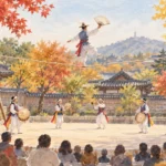 Watercolor concept illustration of a tightrope performer and percussionists in an autumn courtyard.