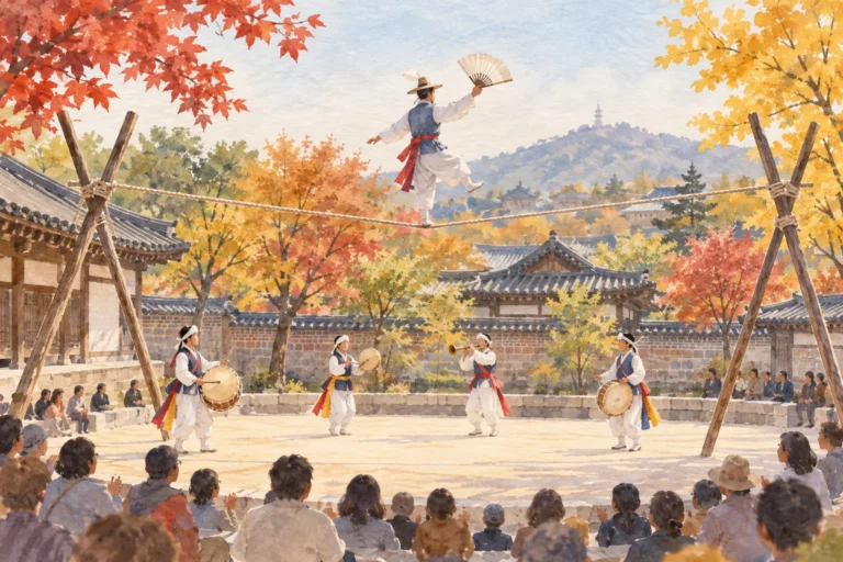 Watercolor concept illustration of a tightrope performer and percussionists in an autumn courtyard.