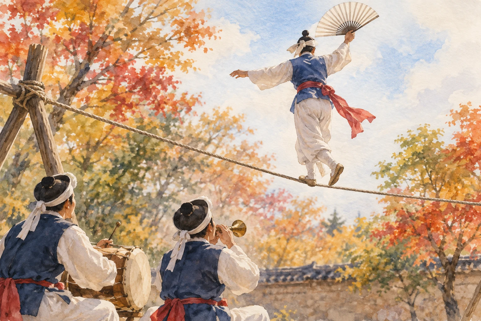 Catch Free Midday Heritage Shows at National Jeongdong Theater 2 Watercolor concept illustration of a tightrope performer balancing above traditional percussion musicians.