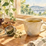 Watercolor concept art of a mug, tea strainer, and loose tea near a sunny window, suggesting a casual start to exploring tea.
