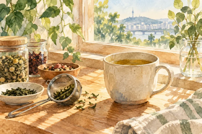 Watercolor concept art of a mug, tea strainer, and loose tea near a sunny window, suggesting a casual start to exploring tea.