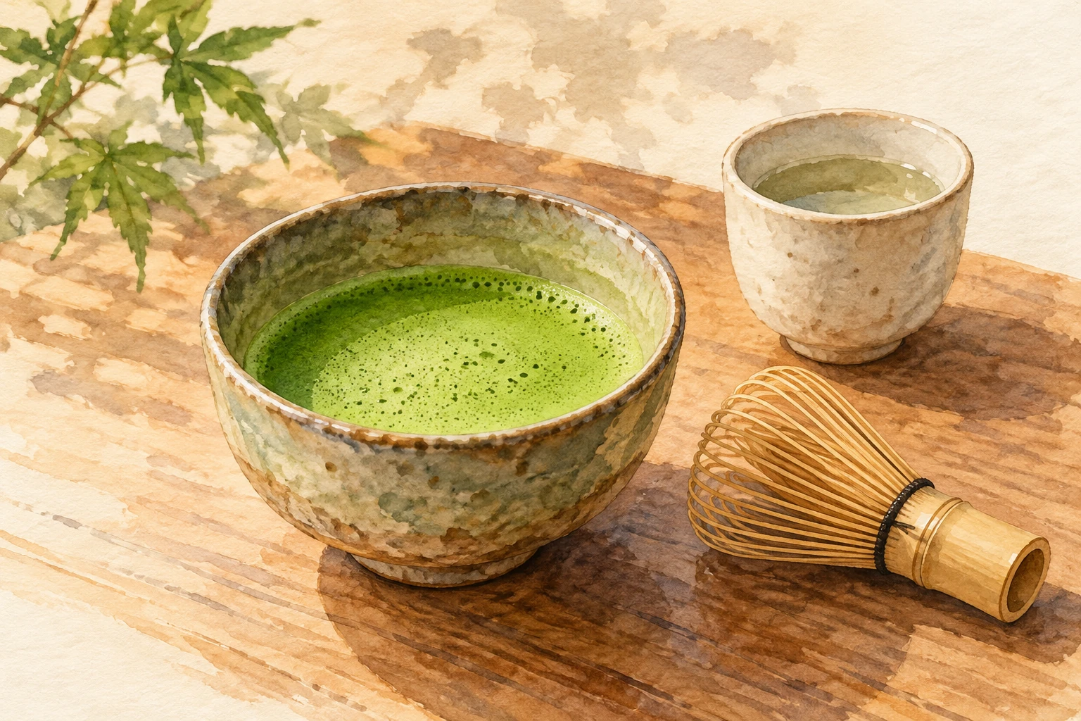 How Young Adults in Korea Are Making Tea a Personal Hobby 2 Watercolor concept art of whisked matcha with fine green foam in a bowl, beside a bamboo whisk and cup.