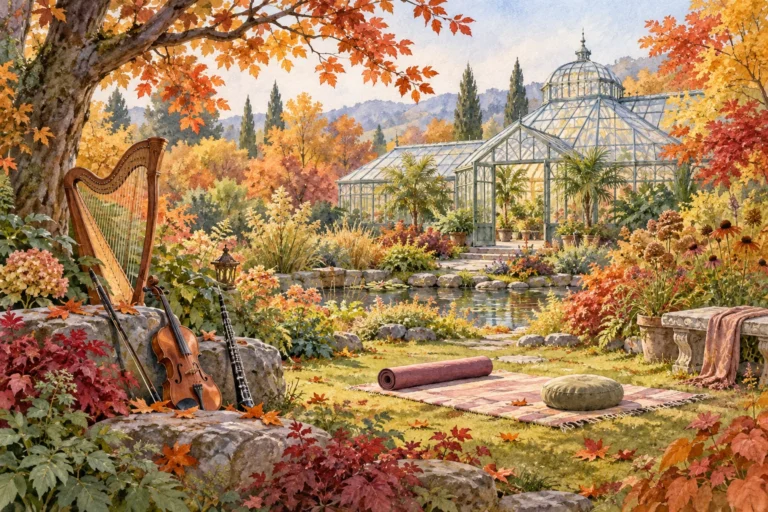 Watercolor concept art of a botanical garden greenhouse, garden instruments, and a yoga mat in an autumn setting.