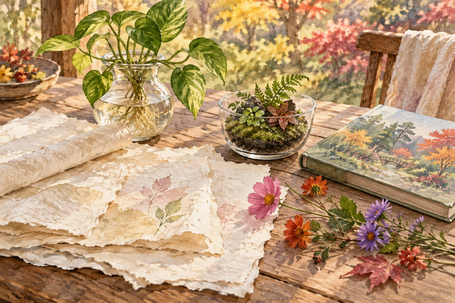 Watercolor concept art of a hydroponic plant, cup terrarium, hanji paper, flowers, and a closed picture book.