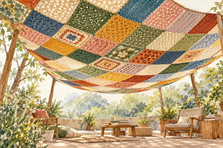 Watercolor concept art of a handmade yarn-panel canopy shading an outdoor reading nook.