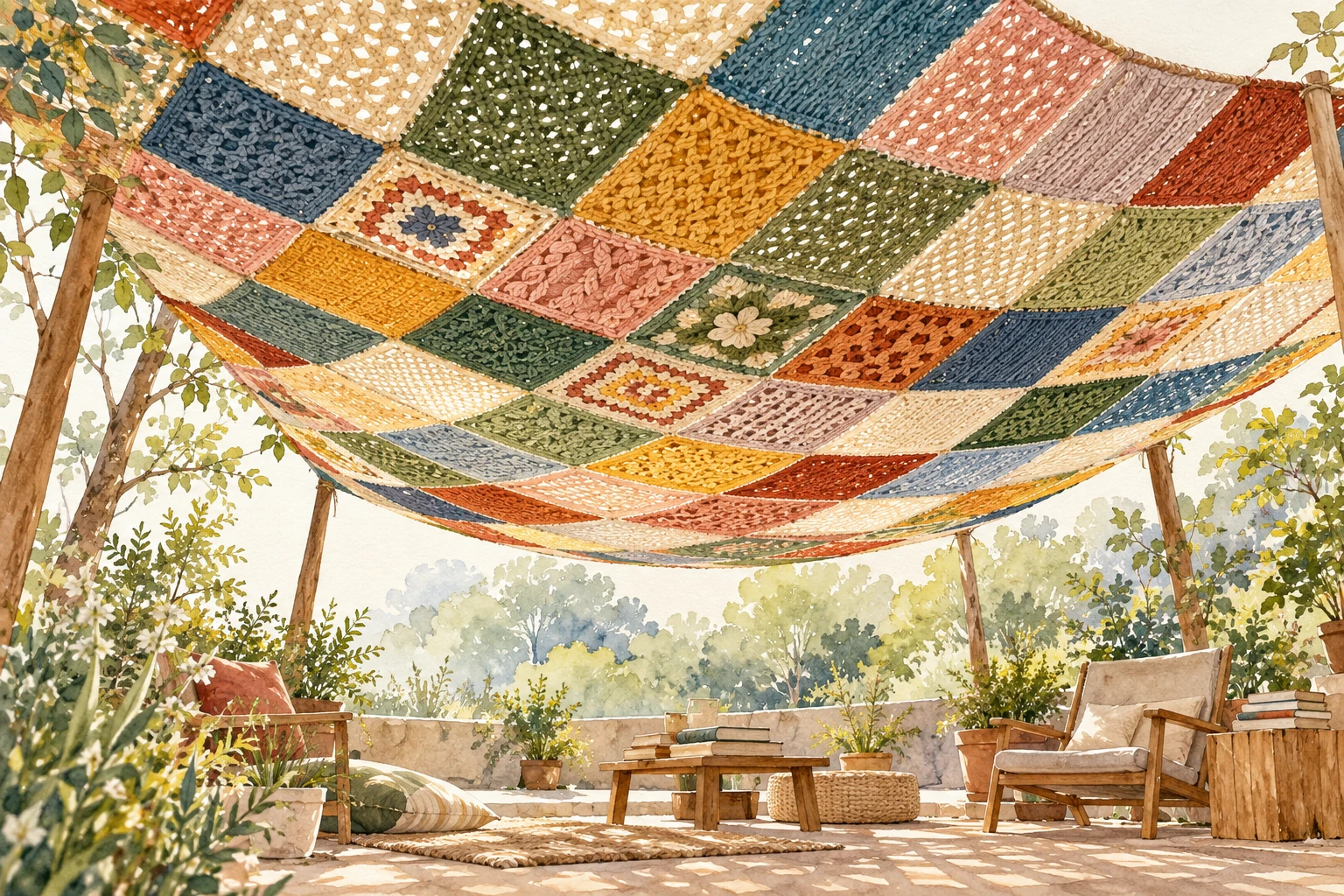Watercolor concept art of a handmade yarn-panel canopy shading an outdoor reading nook.