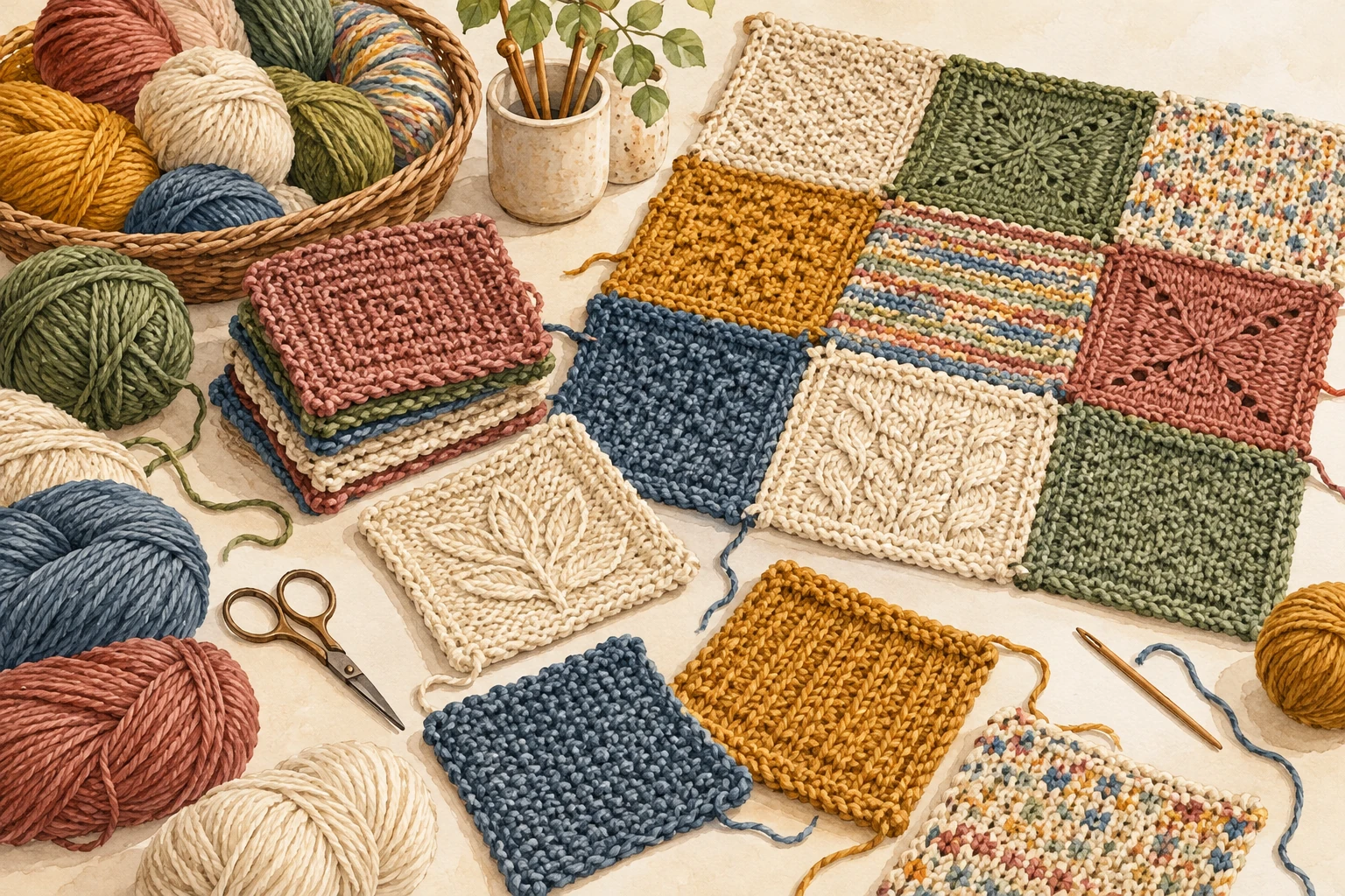 Watercolor concept art of donated yarn skeins beside hand-knitted square panels.