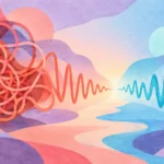 Conceptual illustration of near-meeting sound waves and tangled coral loops easing toward a hopeful cyan opening, suggesting loneliness and the desire for connection.