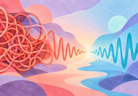 Conceptual illustration of near-meeting sound waves and tangled coral loops easing toward a hopeful cyan opening, suggesting loneliness and the desire for connection.