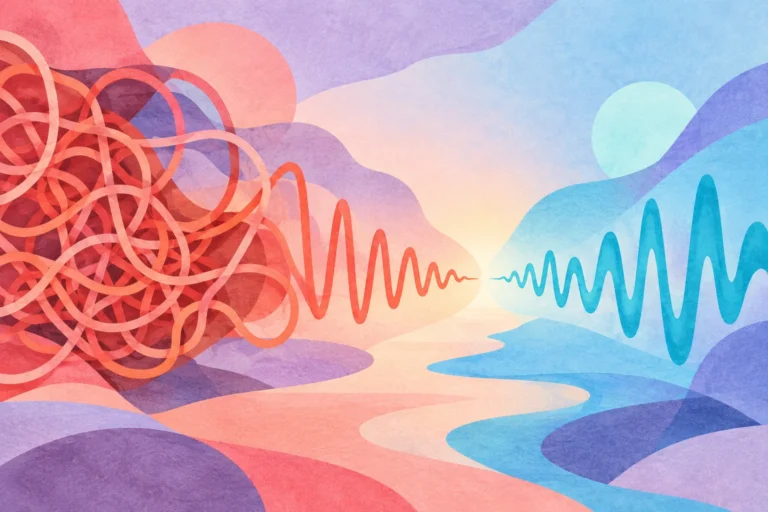Conceptual illustration of near-meeting sound waves and tangled coral loops easing toward a hopeful cyan opening, suggesting loneliness and the desire for connection.
