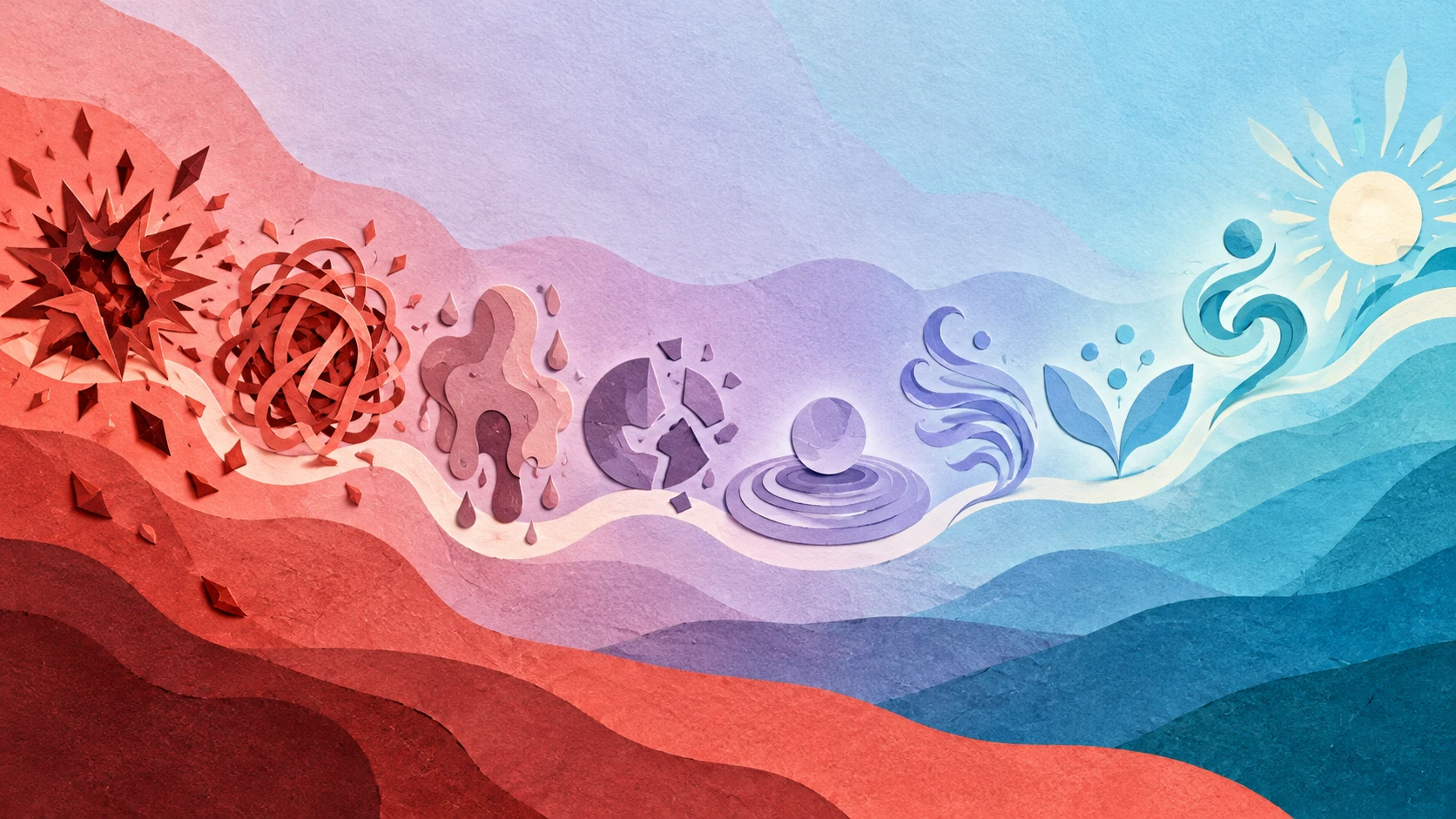Conceptual illustration of nine abstract paper-cut sound forms shifting from turbulent coral through lilac to hopeful cyan, representing an emotional journey.