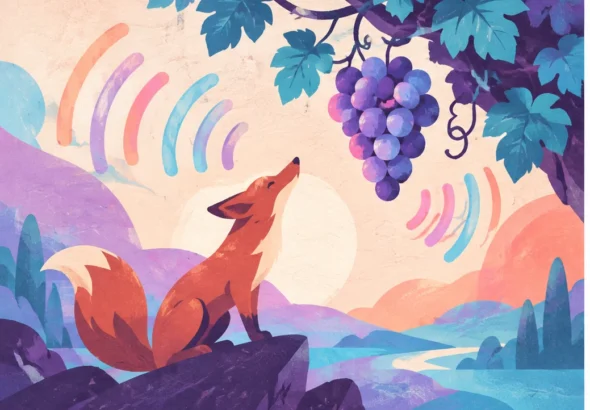 Concept art of a fox gazing toward a hanging grape cluster amid colorful sound-wave shapes, inspired by the fable behind NiziU’s “Sour Grapes.”