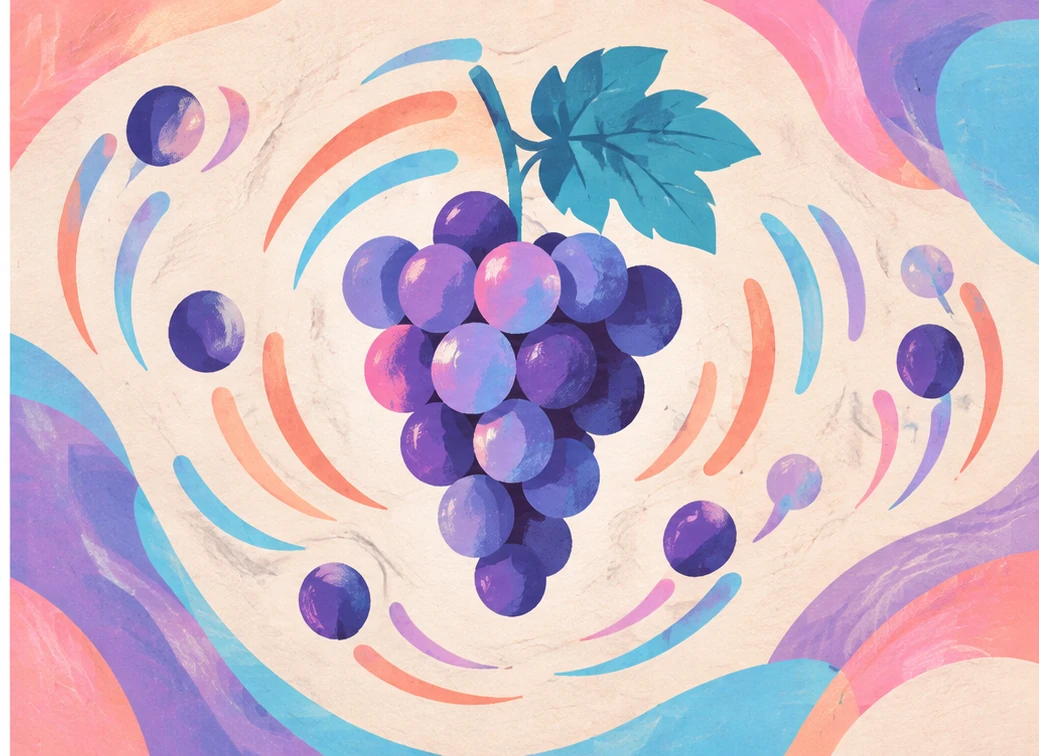 Concept art of a grape cluster surrounded by rhythmic curved shapes, symbolizing the song’s grape-cluster choreography.