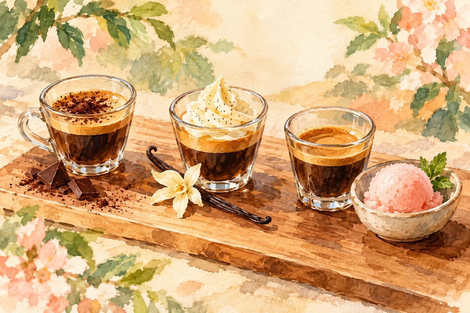 Watercolor concept art of a three-drink espresso flight with chocolate powder, vanilla cream, and pink sorbet accompaniments.