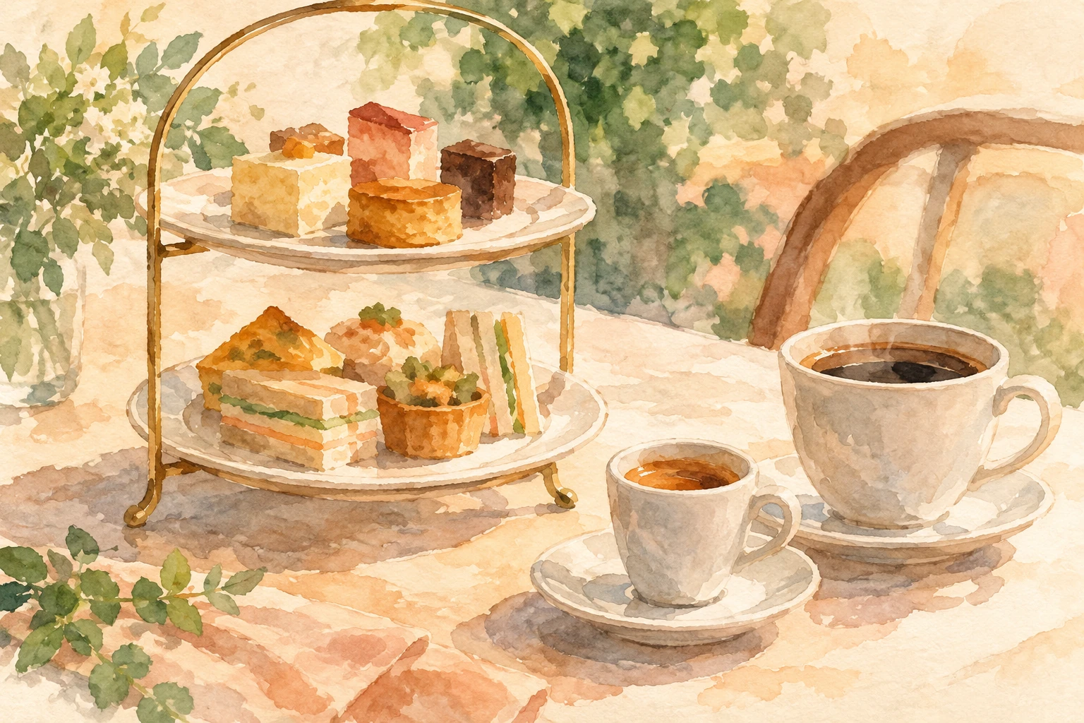 Watercolor concept art of a two-tier coffee set with generic cake and finger foods, an espresso, and an Americano.